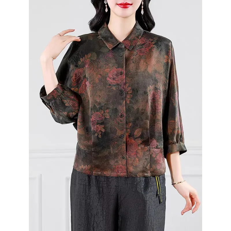 Csa de Seda Fena Nova Estilo Primavera E Estampada Solta Emaecendo Retro Top de Seda de Amora Faionable com...