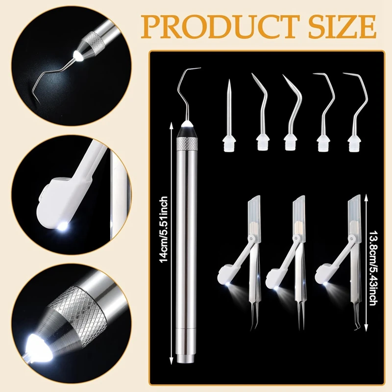 6 Pcs LED Weeding Tools Set For Vinyl, 3 Led Pen With 5 Pin And Hook, With Light Weeding Hook Tweezers, Durable (Silver)