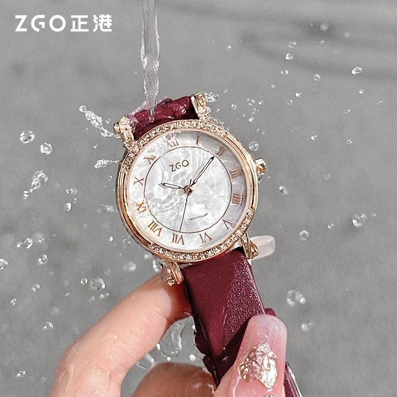 ZGO 여성용 시계, 복고풍 독특한 고급 스타일, 가죽 스트랩, 빨간색 방수 쿼츠 시계 2161