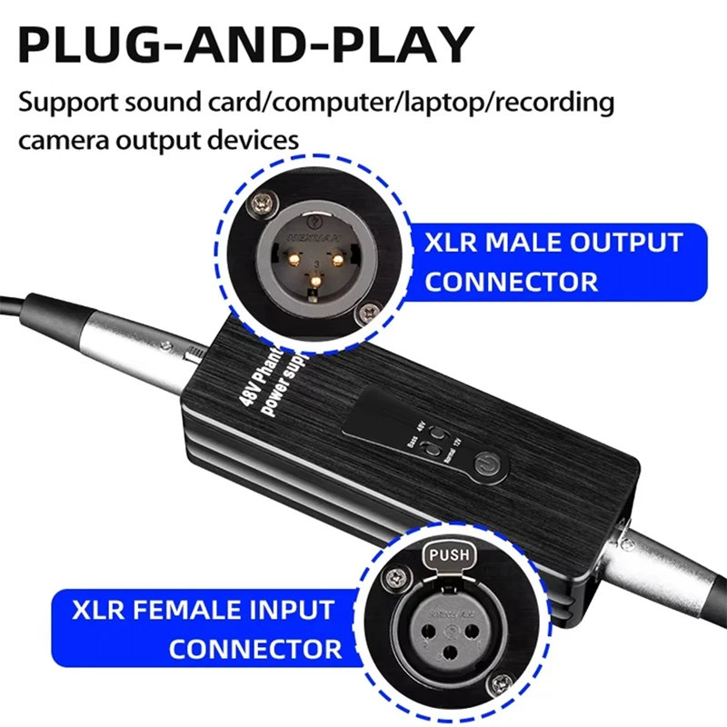 充電式ファンタム電源マイクアンプ,コンデンサー用ポータブルプリアンプ,レコードスタジオマイク,48V