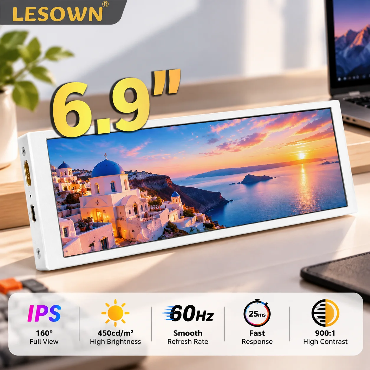 LESOWN 6.9/8.8 Inch Long Bar LCD Screen Mini HDTV 60Hz RPi M2.5 Mount for DIY Gaming PC Case Hardware Sensor Dashboard