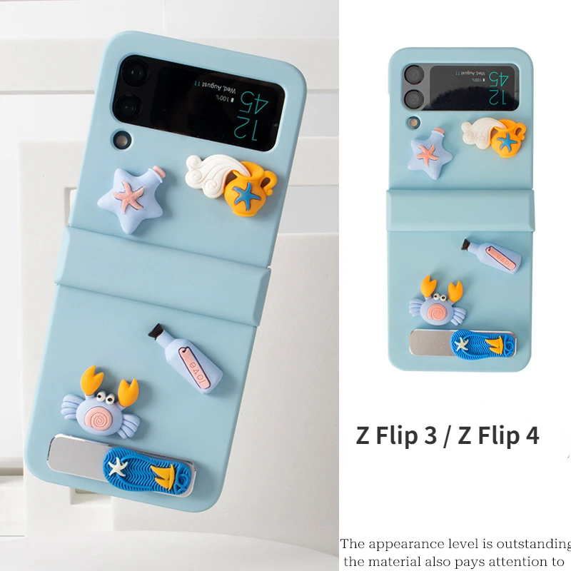 Blue Beach style Metal Folding Holder Skin Feel Phone case For Samsung Galaxy Z Flip 3 zflip 4 Wishing Bottle Hinge Cover