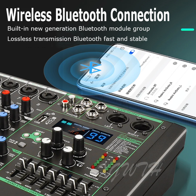 Портативный 8-канальный микшер, звуковая микшерная консоль с Bluetooth 48 В, фантомное питание 99, цифровой ревербератор, сценическое оборудование для диджея