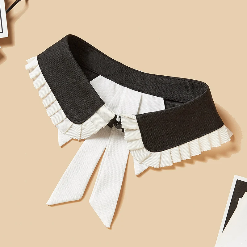 Schwarz-weiße Schleife mit plissiertem Rand, elegantes und modisches Hemd, vielseitige Dekoration, abnehmbarer Fake-Kragen – Detail 6