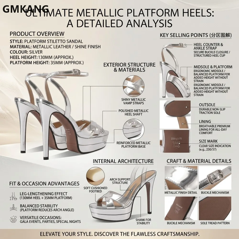 GMKANG Summer Cowhide Patent Leather Round Toe Platform Sandals, High Heel Buckle Strap Ankle Support, Sexy Evening Party