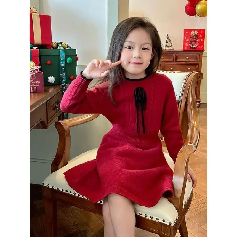 Girls Red Knit Dress New Autumn Winter Stylish New Year Holiday Outfit for Little Girls Chinese New Year Dress Fashion Clothing