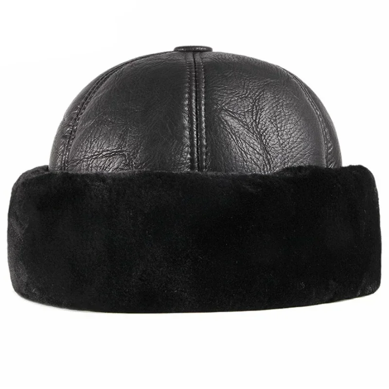 Winter PU Leather Warm Plush Hat Thickened Fur Splicing Leather Hat Retro Waterproof Old Man Hat Plush Warm Snow Windproof Hat