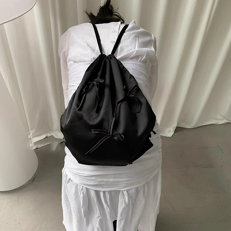 Ins Silver Bow Knot Backpack Y2k Drawstring Tie Straps Girls Travel Bag Womenbackpack Korean Aesthetic Bag Women School Bag