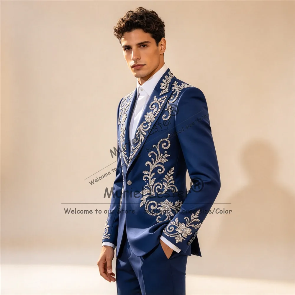 Luxury Wedding Guest Suits For Man Sparkly Beaded Sequin Stones Prom Blazer Pants 2 Piece Sets Groom Dinner Party Tuxedo Attire