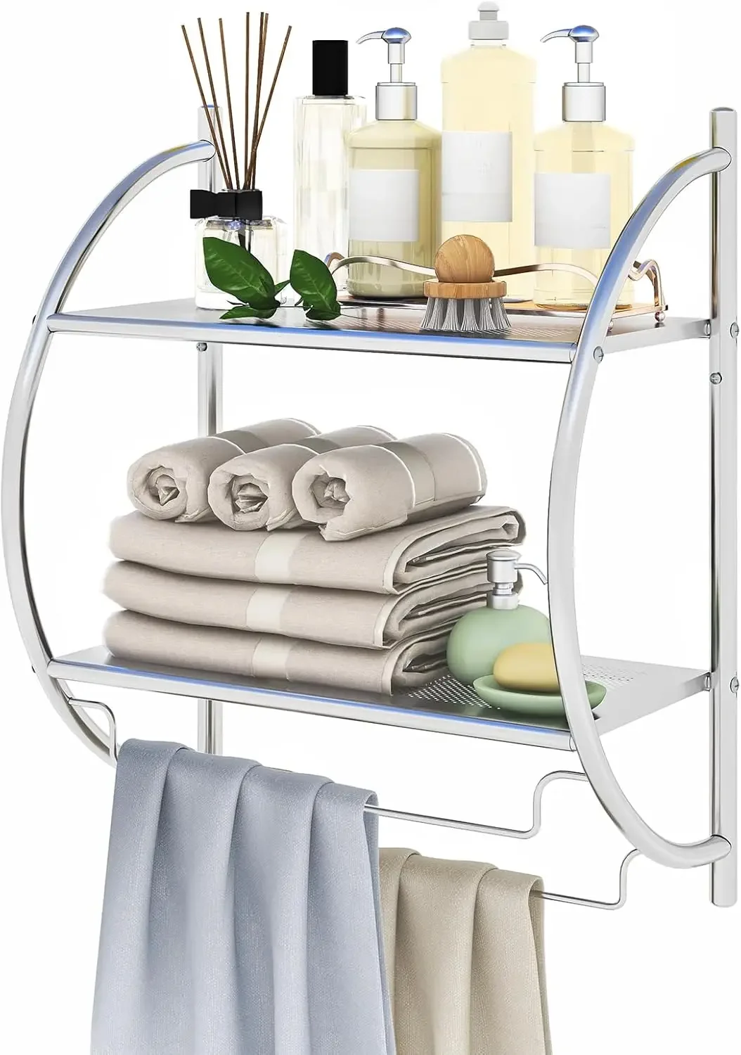 

Bathroom Shelf with Towel Rack - 2 Tier Rustproof Over The Toilet Storage Shelf with Double Towel Bars