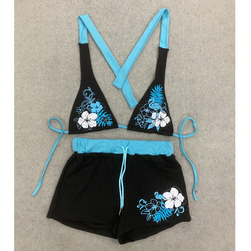 

UETEEY 2025 Новинка: Летний комплект купальников-бикини, сексуальный, с принтом, кружевной спинкой, открытый, из 2 предметов, женский, с разрезом, пляжный