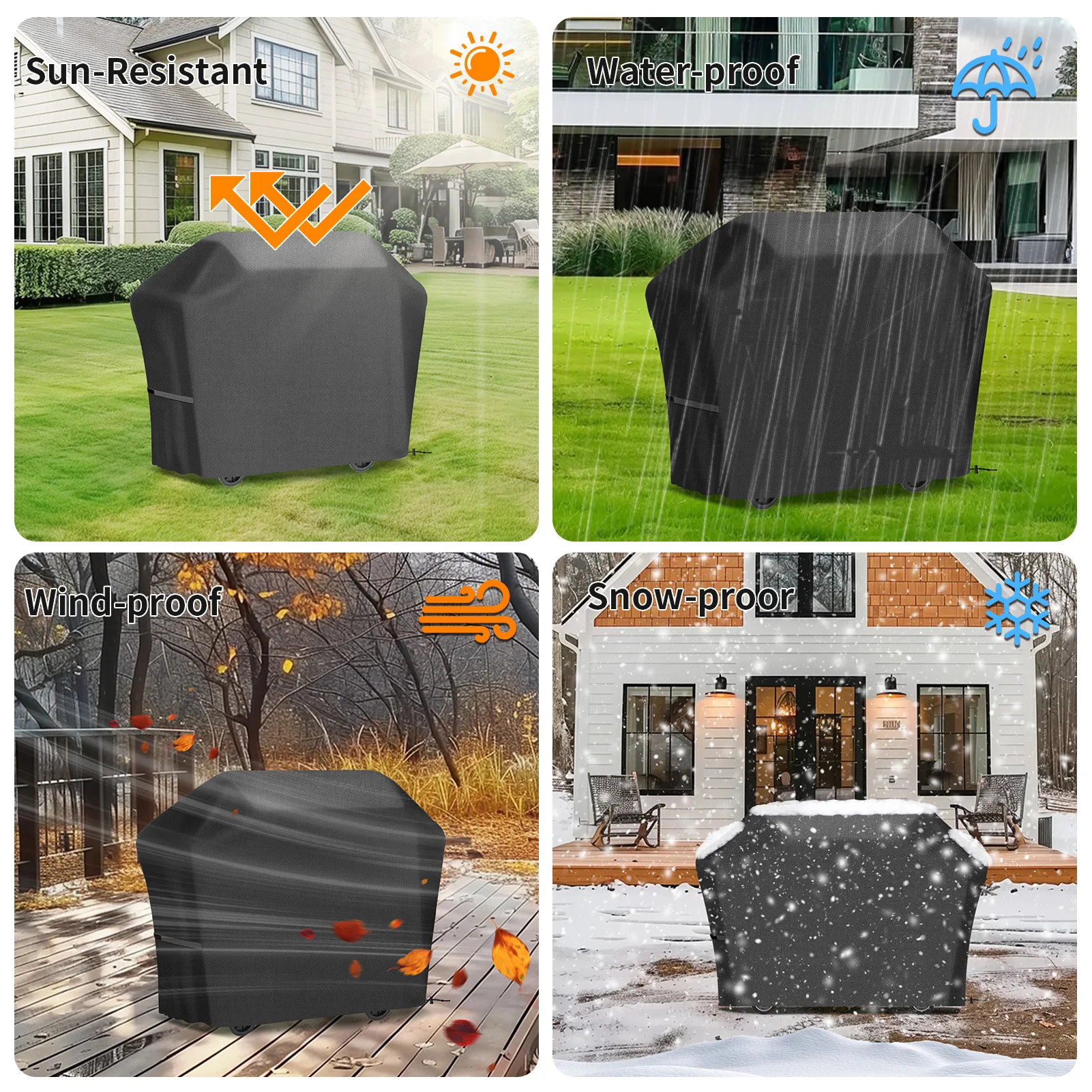 4 Style Large Grill Cover Rip-Proof Garden Waterproof BBQ Gas Furniture Covers Anti-UV Fade Resistant Adjustable Cover Black