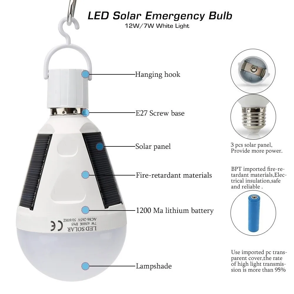 E27 LED Rechargeable Bulb Light Flicker-Free Portable Night Light 7W 12W 1200mAh Courtyard Outdoor Bulb Power Failure Emergency