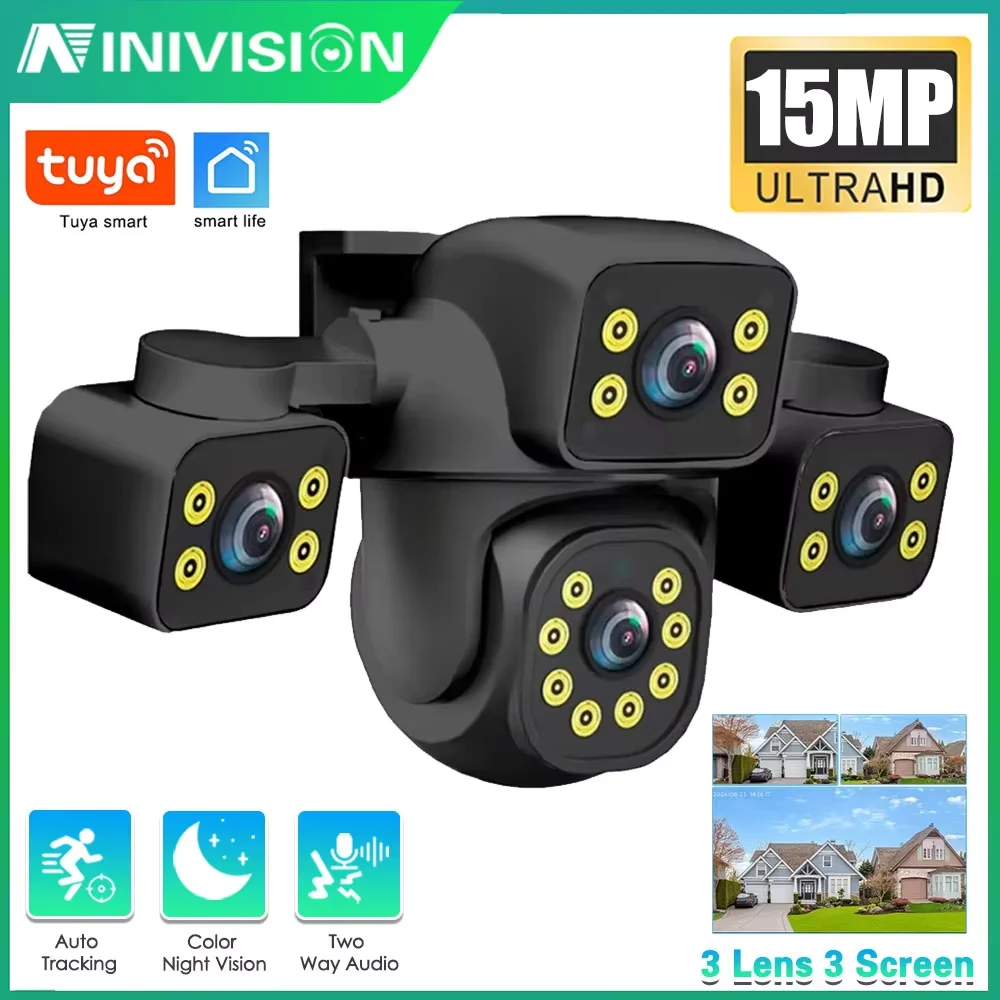 15MP HD WIFI IP Farbe Nachtsicht Drei Bildschirm Drei Objektiv Kamera Auto Tracking IP66 Wasserdichte CCTV Video Sicherheit Tuya Smart