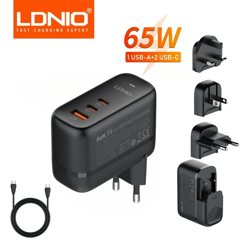 LDNIO GaN 65W Charger Type C USB EU US UK Three Types Of Convertible Plugs Travel Adapter For Laptop Mobile Phone Fast Charging LDNIO GaN 65W Charger Type C USB EU US UK Three Types Of Convertible Plugs Travel Adapter For Laptop Mobile Phone Fast Charging
