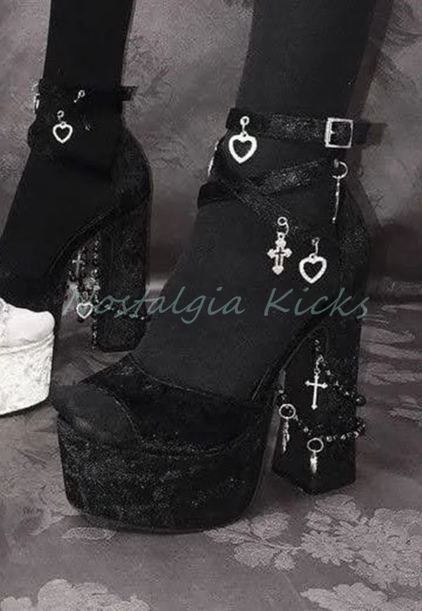 Gothic Black Velvet Platform High Heel Sandals Chunky Cross Buckle Strappy Peep Toe Pumps Punk Dark Fashion Women's Shoes