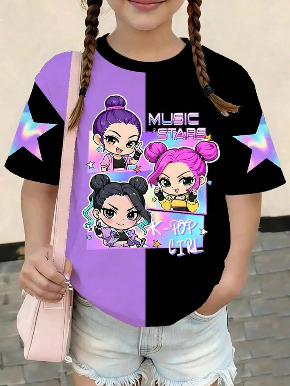 Kpop Cartoon Graphic Girls T-Shirt, lässiges T-Shirt mit Rundhalsausschnitt, geeignet für Mädchen, Kinder, Geschenk, kurze Ärmel – Detail 3