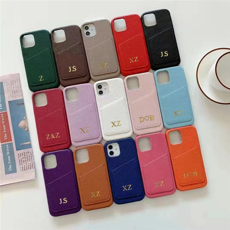 Customized Gold Letters Leather Card Holder Case For iphone 14 13 Pro Max 12 11 Pro Max X XS XR 15 16 Plus SE Luxury Hard Cover