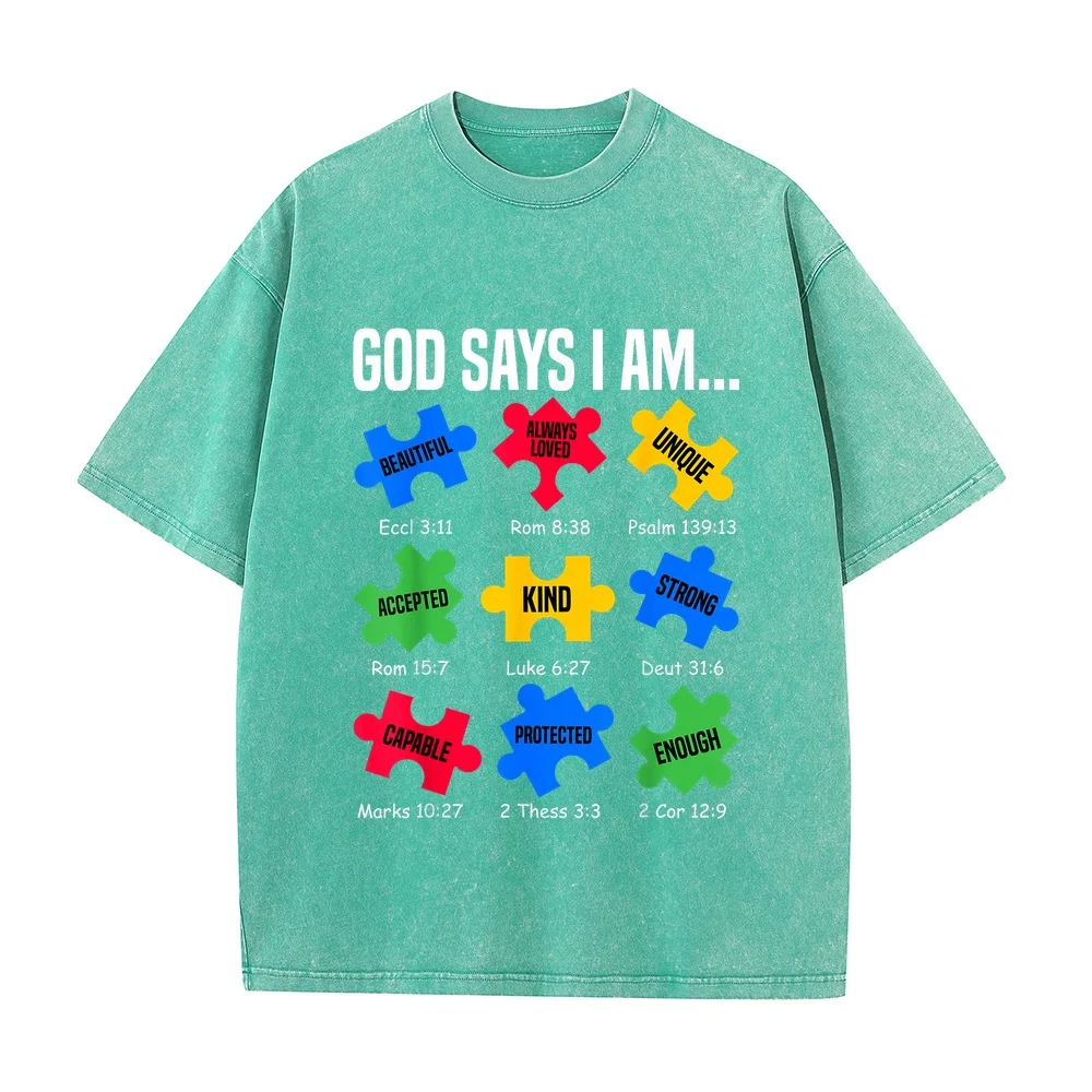 God Says I Am Autism Awareness Day Puzzle Pieces Christian T-Shirt Hombre Ropa חולצות Camisetas Big Size Summer Cotton Tee