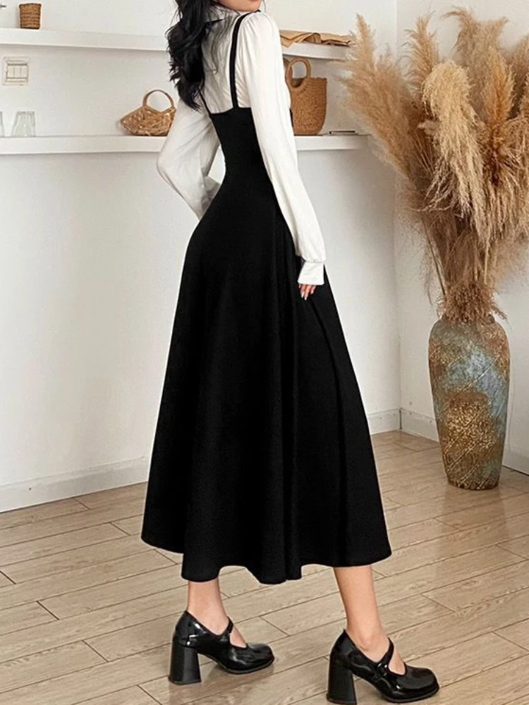 Women Sets Solid French Style Black Strap Midi Dresses Folds Female Trendy Casual Autumn White Shirts Simple Chic Ins Vintage