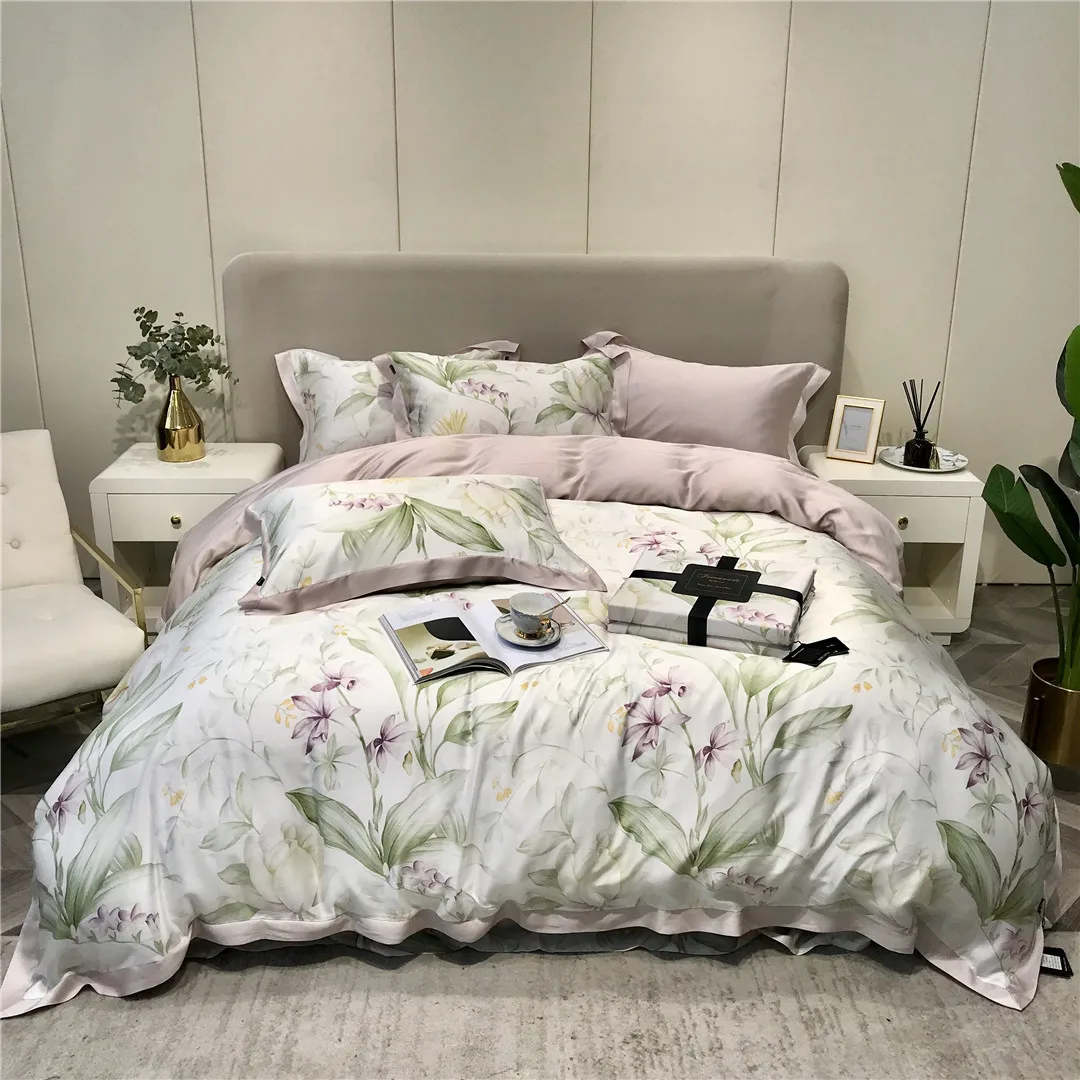 

2023 New Long Staple Cotton Plant Pattern Four-piece Bedding Household Must Four Seasons Universal Luxury Bedding White Pink