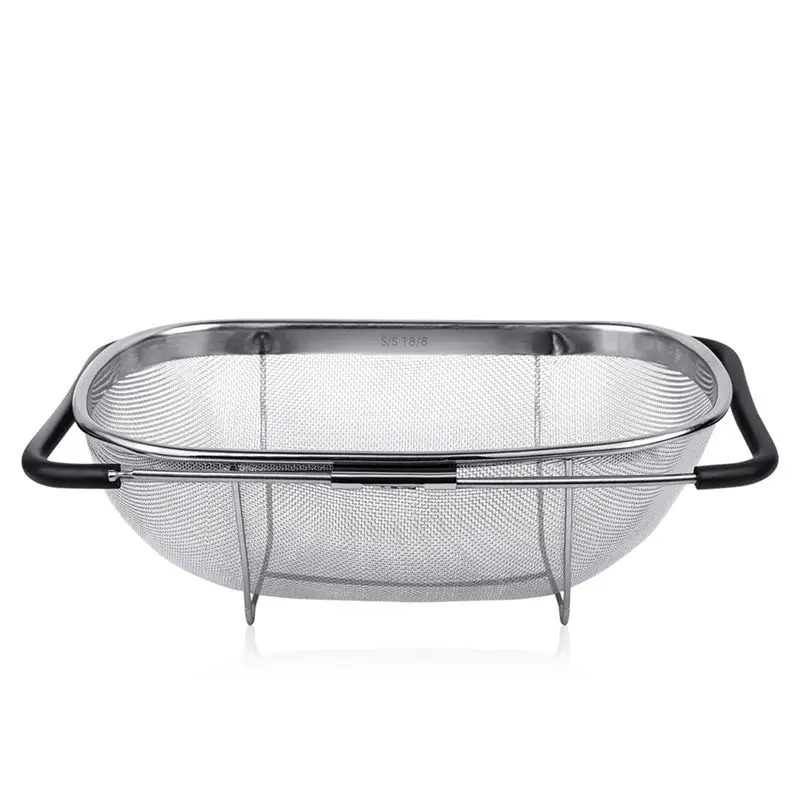 WORTHOWN-Drain Rice Colander Large Sink Stainless Steel Fine Mesh Basket With Telescopic Rubber Handle