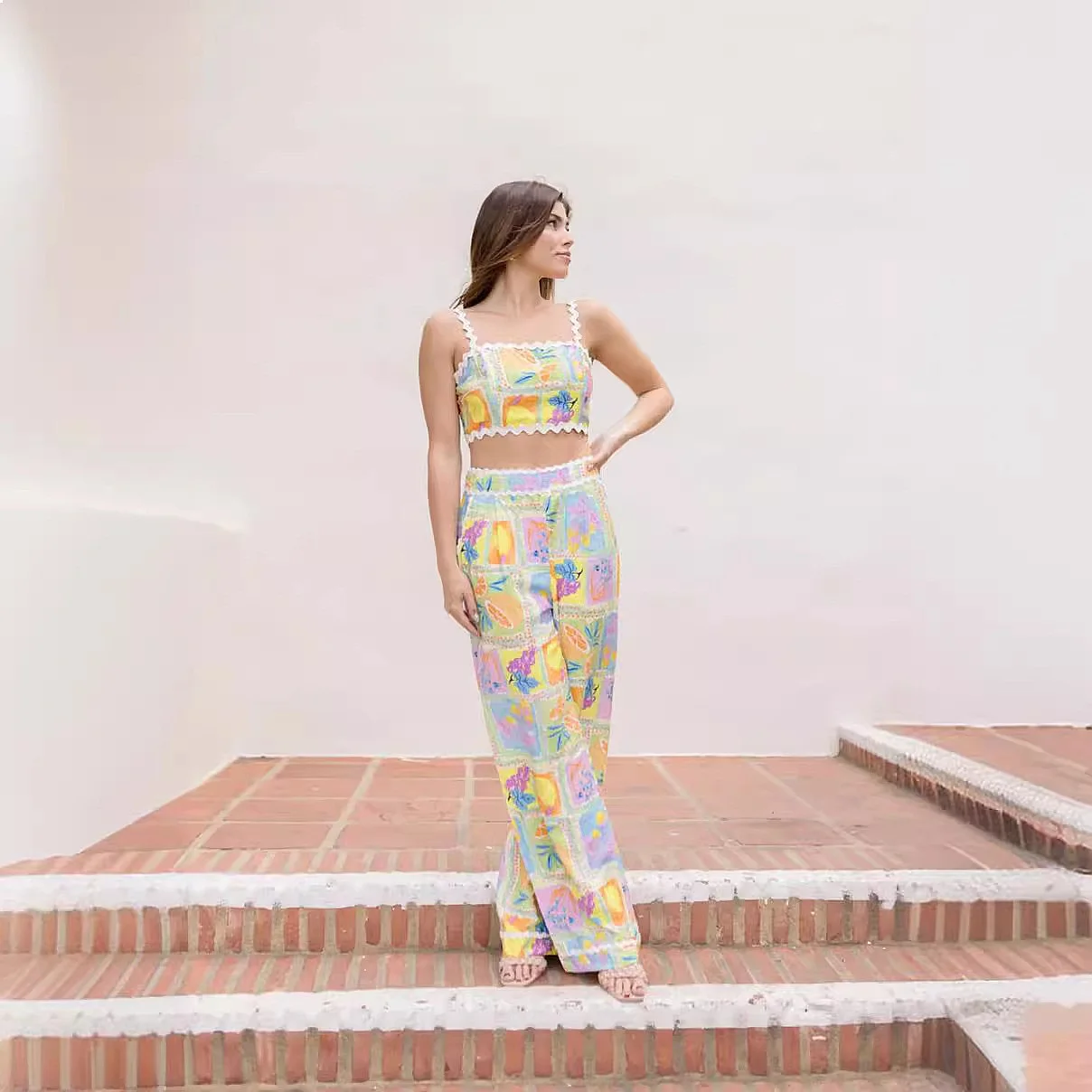 Matching Set Camisole Top & Printed Pants Matching Sets Lace Trim Spring Summer