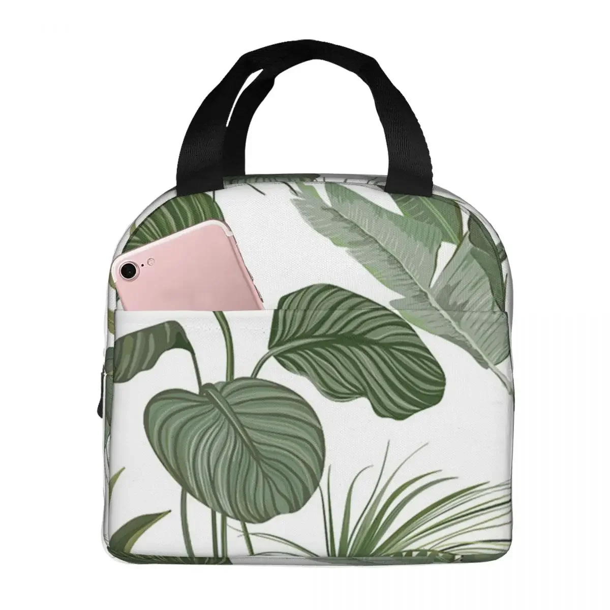 Green Tropical Leaf Print Insulated Lunch Bag for Women Office Cooler Thermal Food Box Tote Portable Lunch Boxes Container