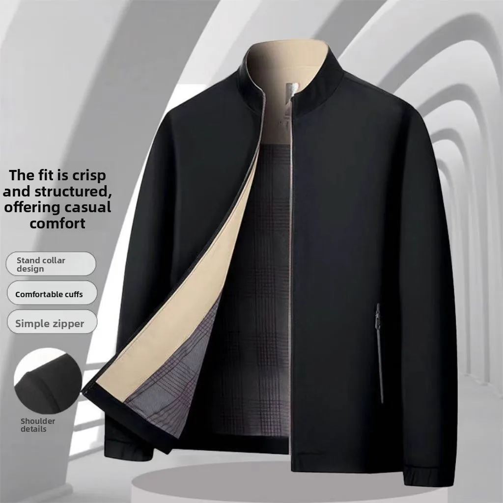 

Versatile Busin Casual Stand Collar Jaet Top Loose Warmth Middle-aged Men's Faion Simple New Sle PU Material