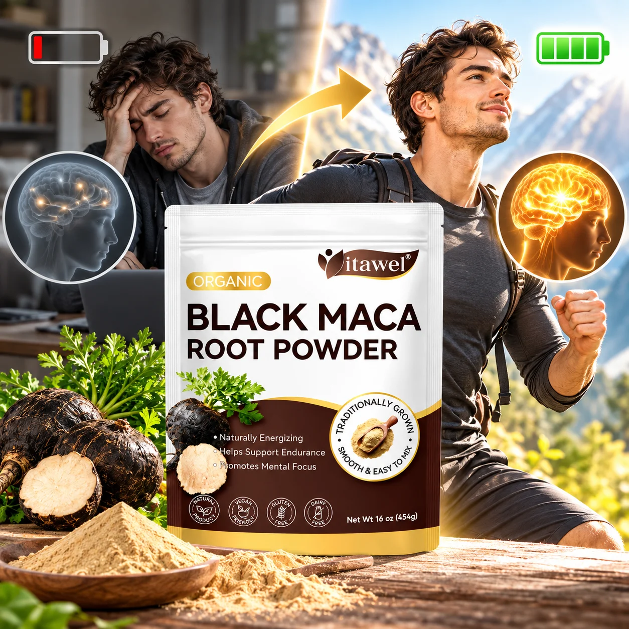 Black Maca Root Organic Powder Physical Endurance,Cognitive Focus,Natural Vitality,Peruvian Grown Maca,Vegan Allergen-Free,454g