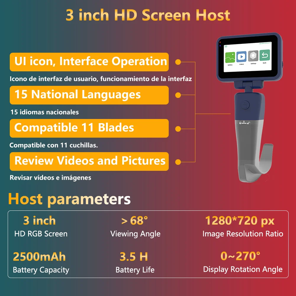 Anesthesia Video Laryngoscope for Intubation, Include 3 inch RGB HD Screen, 1 Reusable Blade and Suitcase, 6 Blades to Choose