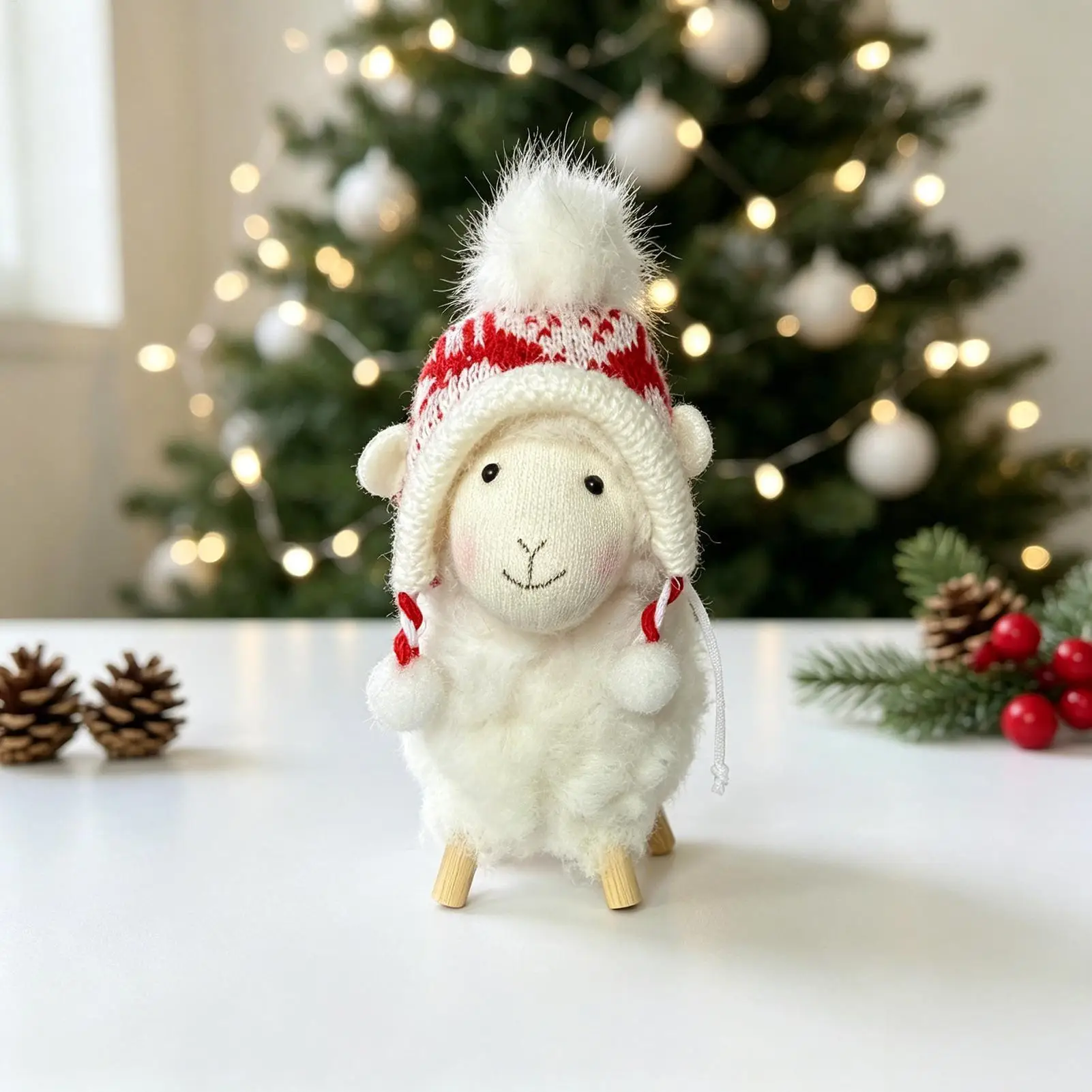 Christmas Sheep Ornament Fluffy Lamb Figurine Hanging Decor Red Knitted Hat Cute Animal Sculpture Holiday Party Home Decoration