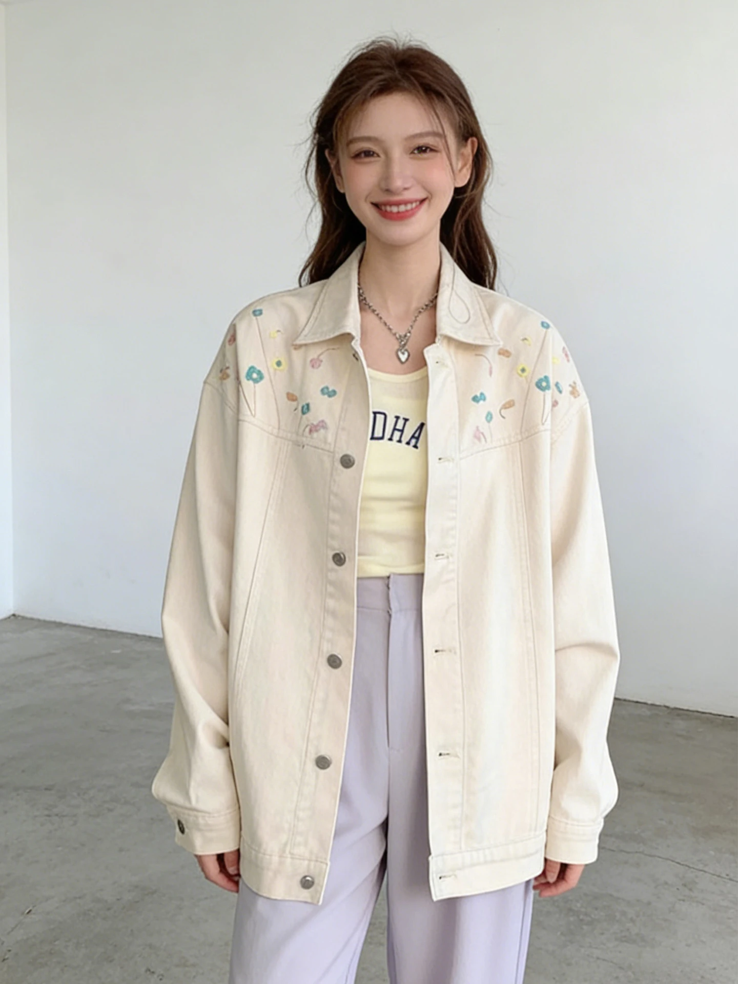 

Spring 2026 Loose Women's Denim Jaet Embroidered Flower Oversize Casual Top Korean Sle Student Academy Sweet Sle Cotton
