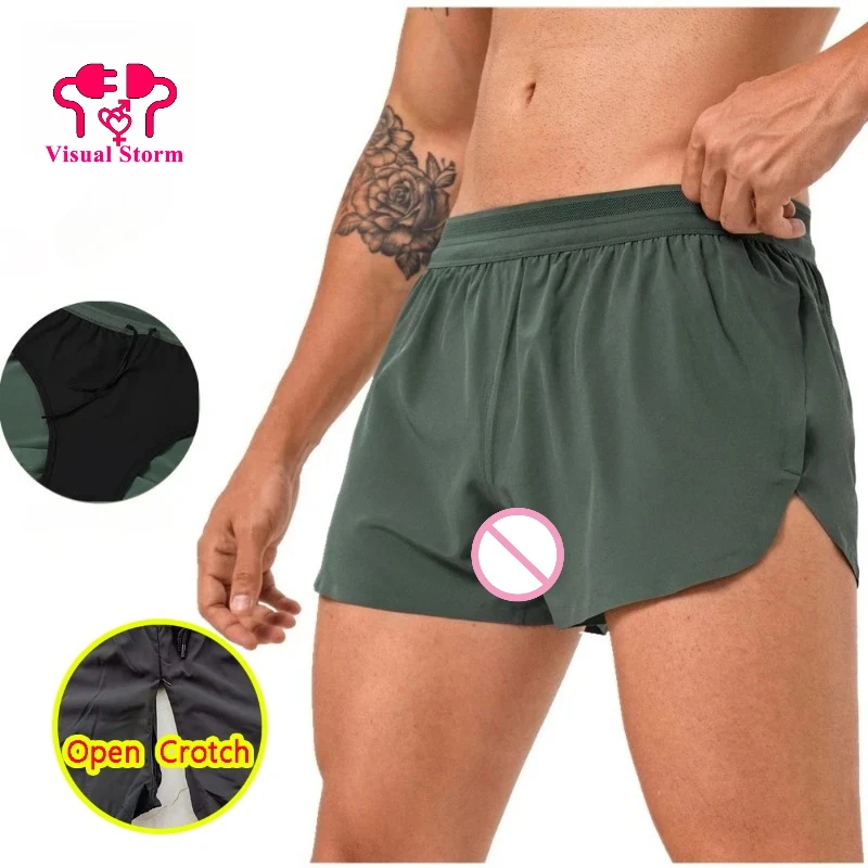 Men's Open Crotch Summer Running Shorts Breathable Quick Dry Workout Lightwear Sporty Mini Pants Male Crotchless Clubwear
