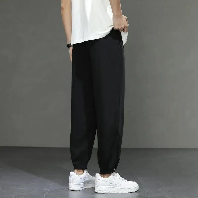 Men's 2024 Summer New Ice Silk Splicing Elasticized High-waisted Pocket Fashion Solid Color Loose Straight Sports Leisure Pants