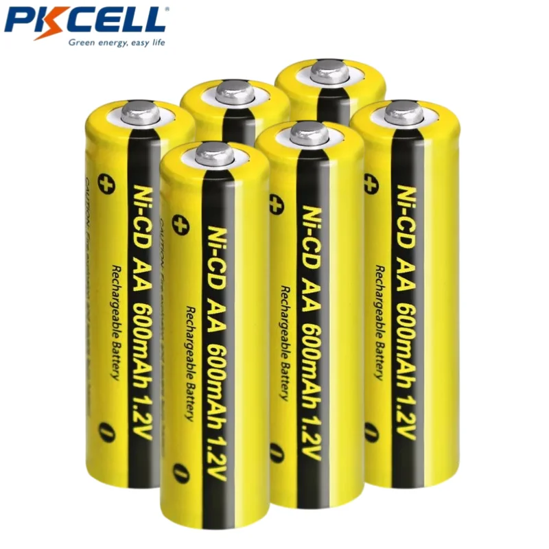 PKCELL 6 Pack AA 1.2V 600mAh NICD Rechargeable Button Top Battery AA 600mAh Rechargeable Batteries NiCd for Solar Lights