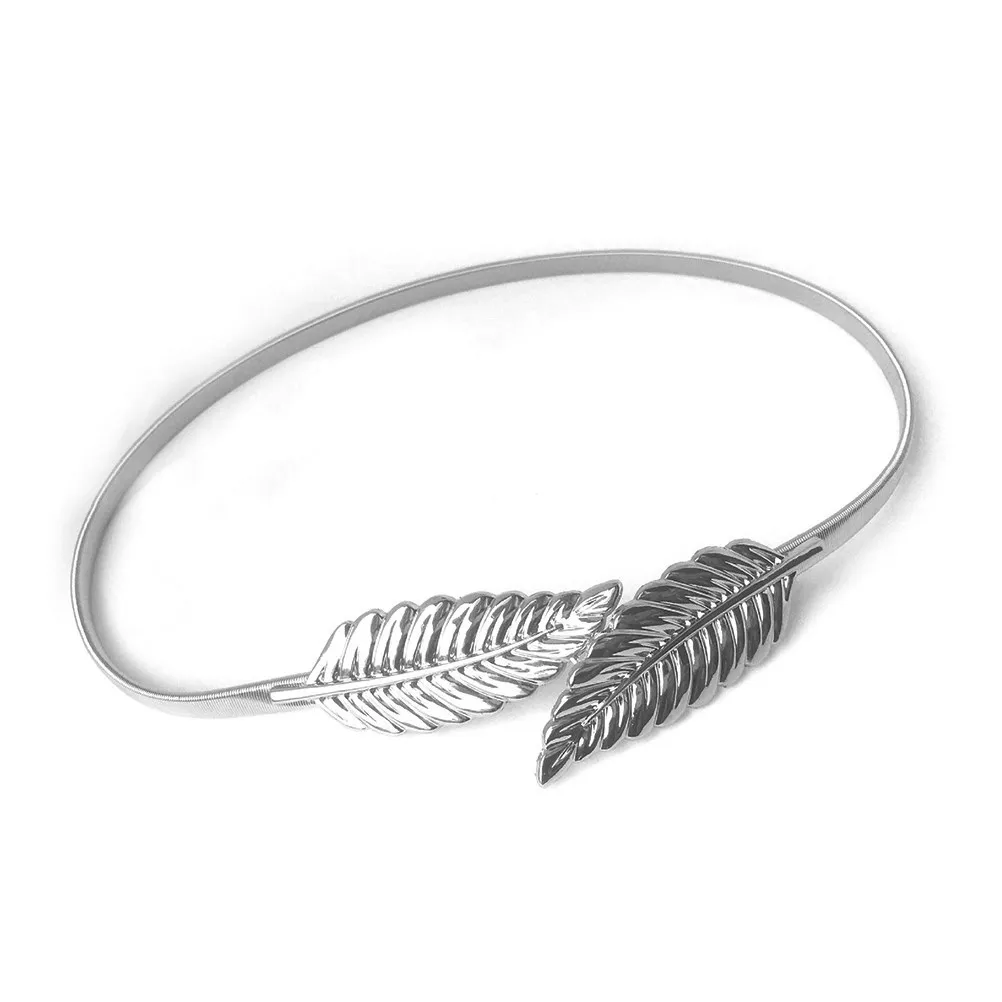 Metal Leaves Waist Belt Adjustable Stretch Elastic Skinny Leaf Shape Decorative Strap Silver for Wedding Dress Loose Blouse Coat