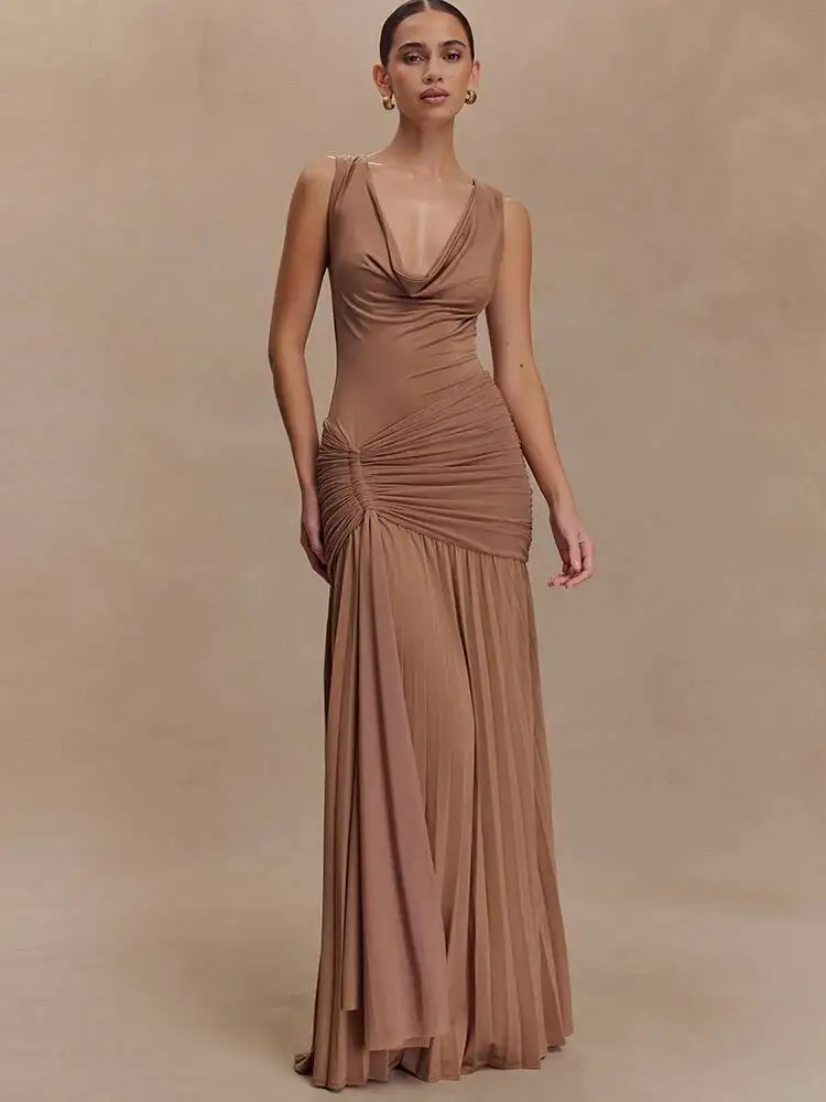 

JULISSA MO Sexy Deep V-neck Ruched Ribbon Women Maxi Dress Khaki Sleeveless High Waist Dress Skinny Elegant Party Evening Dress