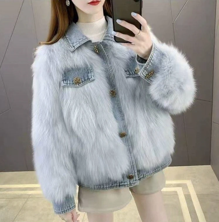 

Denim Patchwork Jacket Women's 2023 Winter New Lapel Imitation Faxu Fox Fur Coat Warmth Outwear