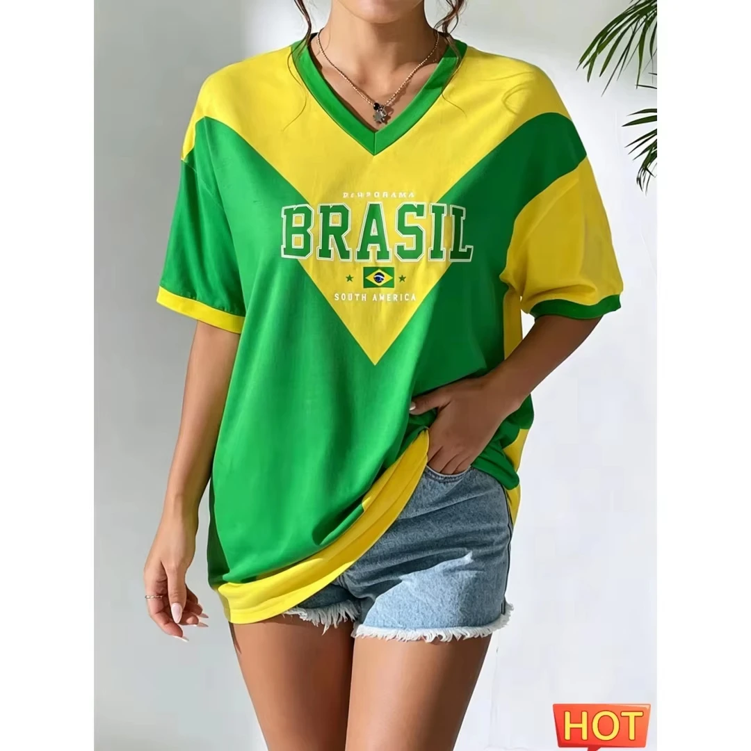 Summer Fashion Brazilian Yellow Green Gradient Women's Football T-shirt Jersey Quick Drying Brazilian Tops Tee Family Matching