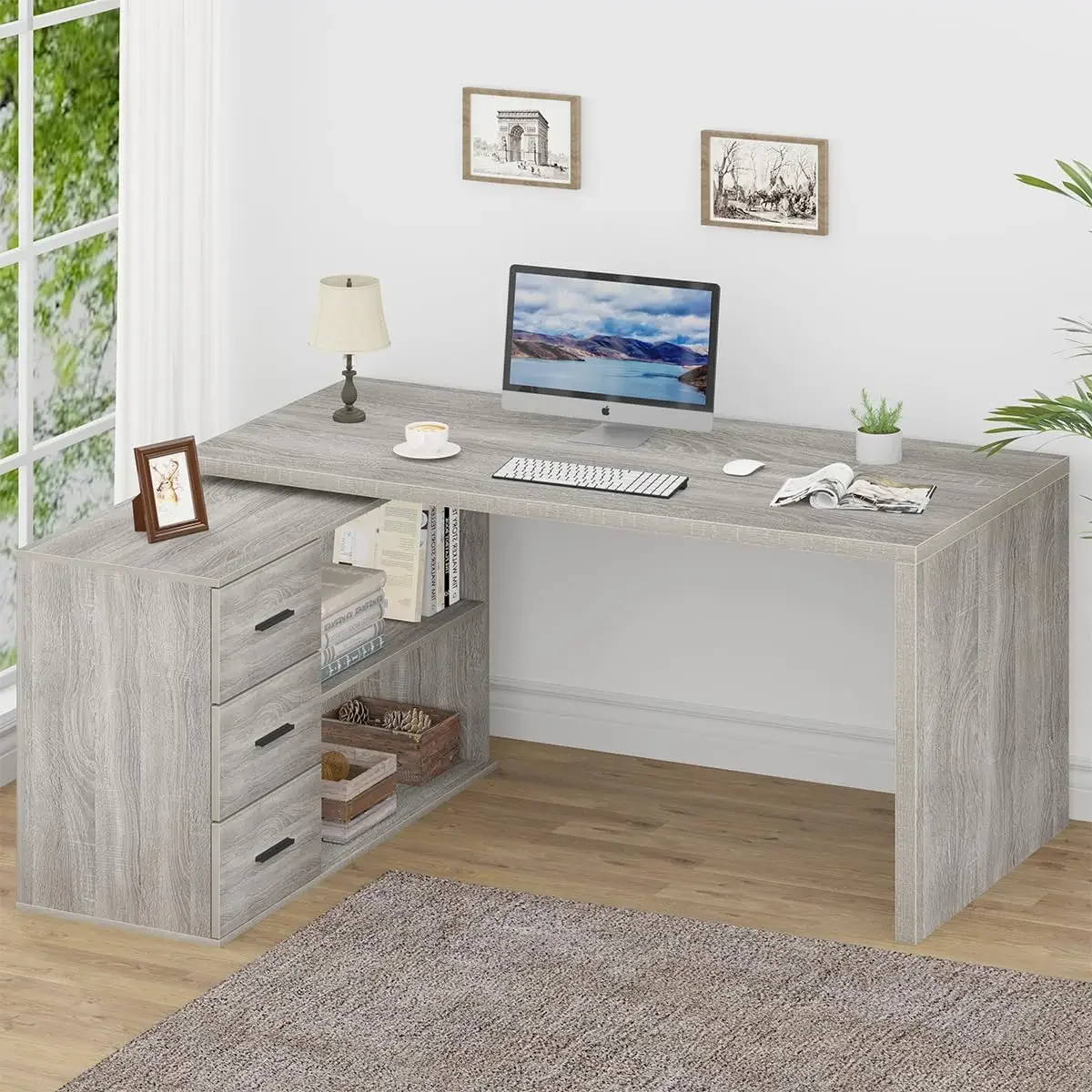 HSH L Shaped Office Desk with Drawers, Reversible Corner Wood Computer Desk Gray, Large L Shaped Desk with Storage Cabinet