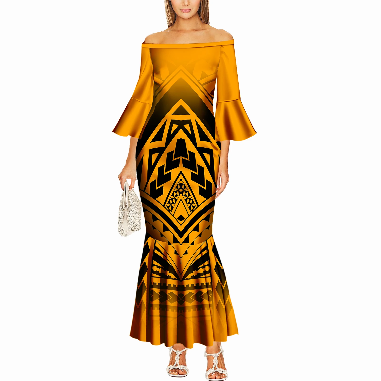 

Off-The-Shoulder Flared Sleeve Fitted Long Fishtail Dress For Ladies Custom-Made Polynesian Seaside Vacation Style Long Dress
