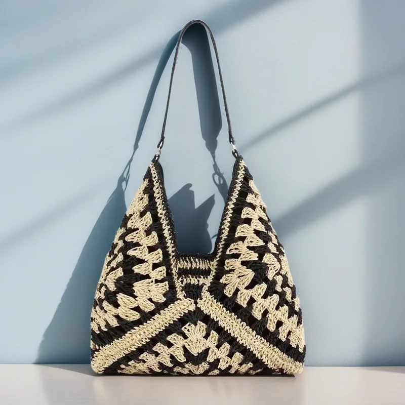 

Богемная тканая большая сумка — кошелек через плечо/плечо, легкая джутовая солома с полиэстеровой подкладкой, рабочий/этнический стиль