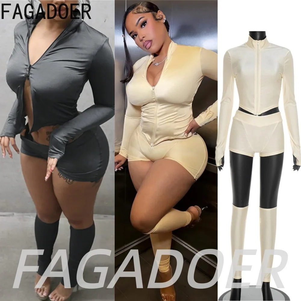 FAGADOER Women Casual Sporty 3 Piece Sets Y2K Fashion Zipper Up Stand Collar Crop Top + Bodycon  Shorts + Leg Warmers Outfits