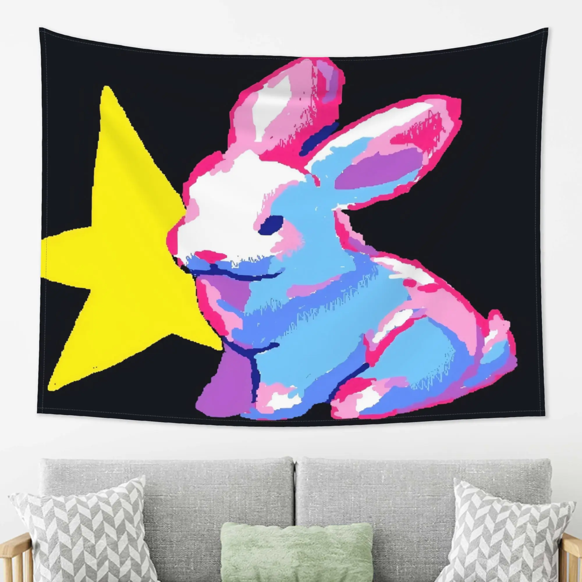 VIKAMA American Retro Neon Rabbit Tapestry, Pop Contrast Rabbit Star Wall Art for Bedroom Living Room Dorm Decor