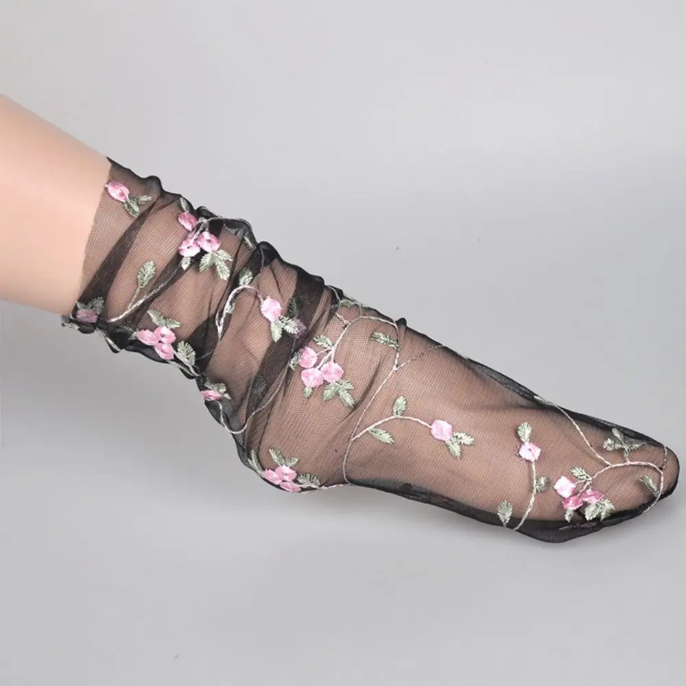 Chaussettes en maille transparente respirante à fleurs fines, chaussettes longues, streetwear à la mode