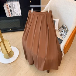 Plus-size women's autumn casual commuting loose comfortable skirt coffee color elastic high waist simple A-line lined long skirt