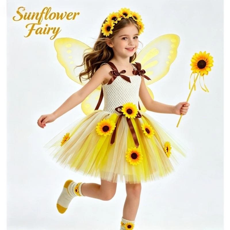 Sunflower Kid Tulle Princess Dress Fairy Tutu With Wings Performance Set Halloween Christmas Party Holiday Outfit Cute GirlDress