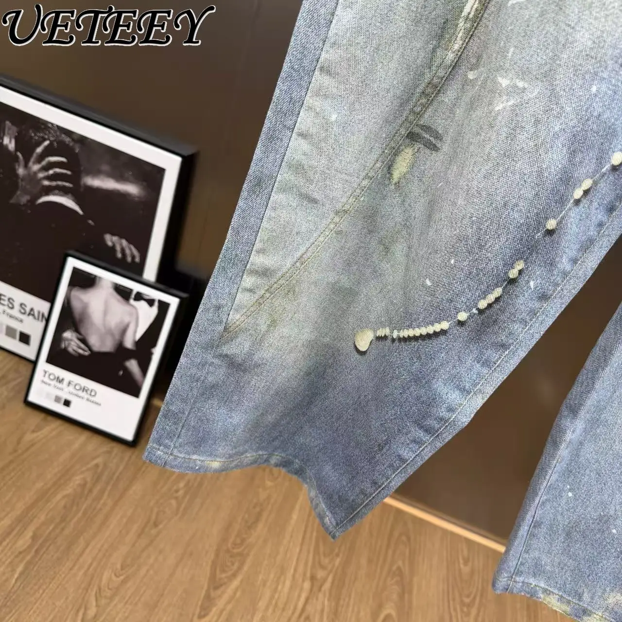 2026 ربيع متعدد الاستخدامات موضة ريترو طباعة عالية الخصر جينز فضفاض نمط الشارع غسلها خمر الحبر سبلاش واسعة الساق الدنيم السراويل #6