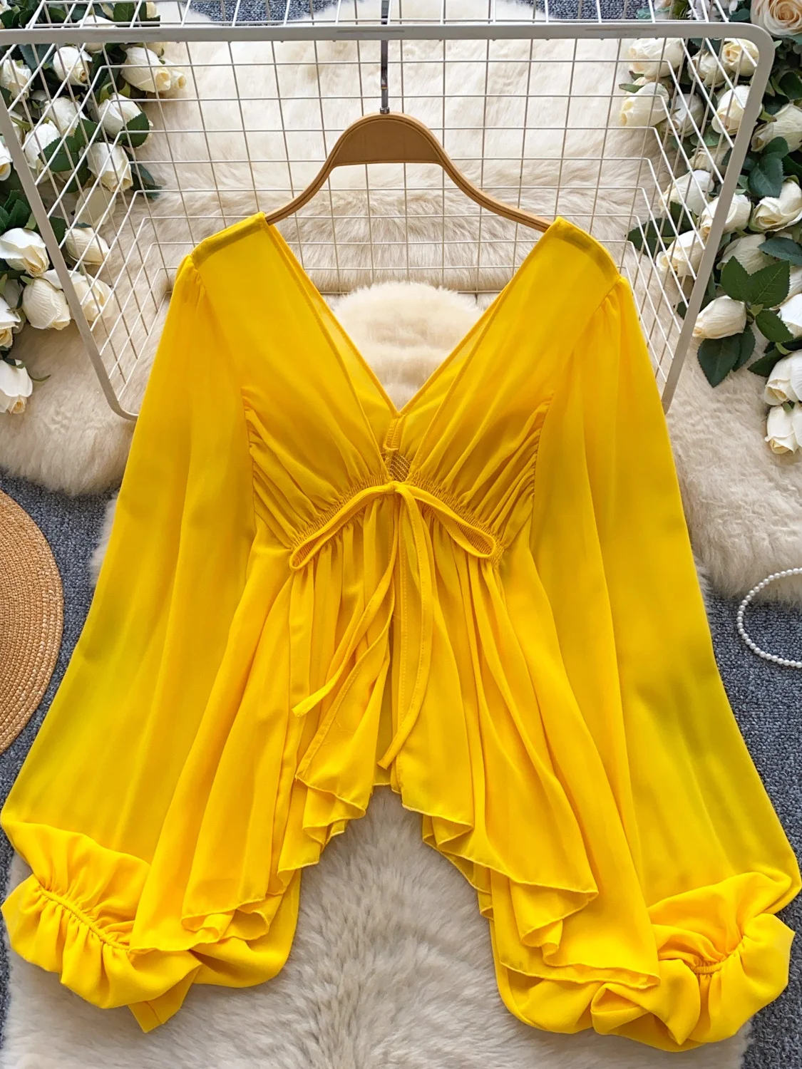 Vento suave sle v-ne lanterna sve fenda chiffon irt feminino solto ajuste fino outono faionable topo botão longo sve